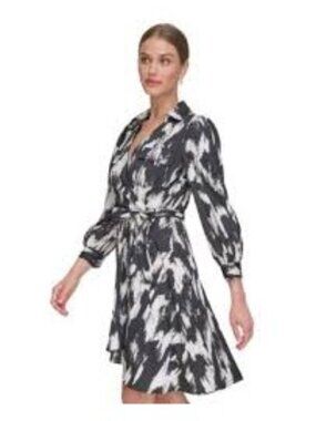 DNKY Women’s Faux Wrap Long Sleeve Abstract Print Shirt Dress Size 6